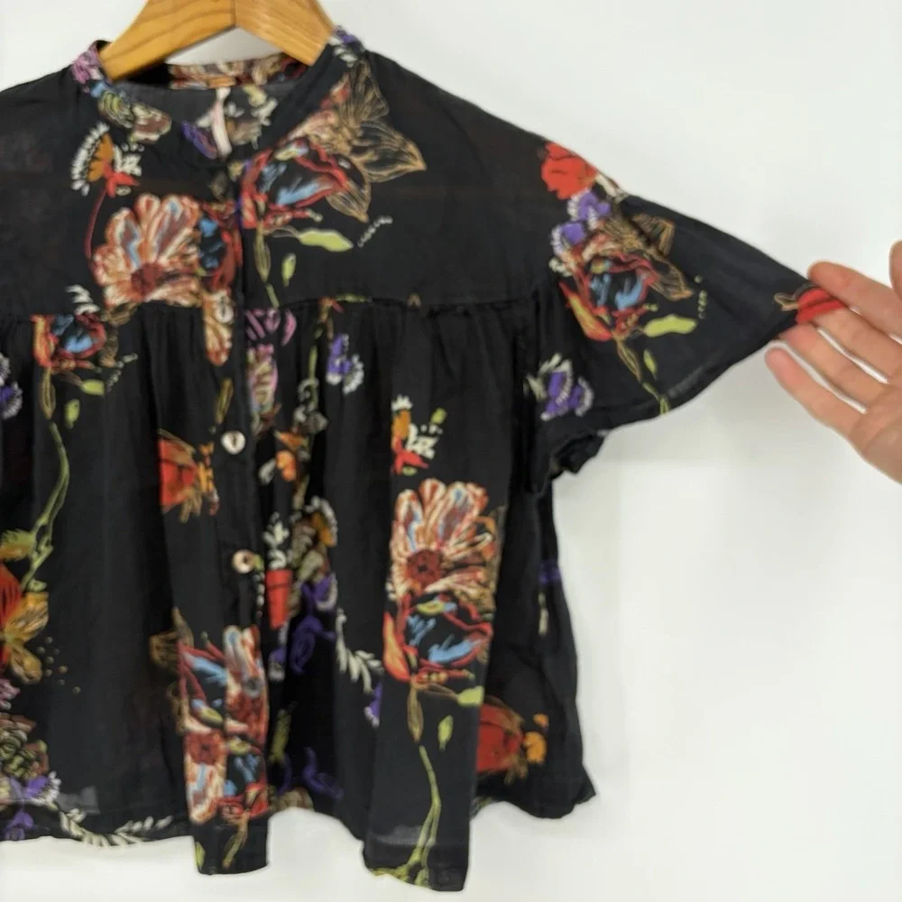 Free People Sweet Escape Top XS Black Floral Baby Doll Flutter Fairy Whimsical